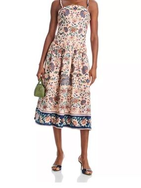 FARM Rio Cream Floral Midi Dress with Navy Border